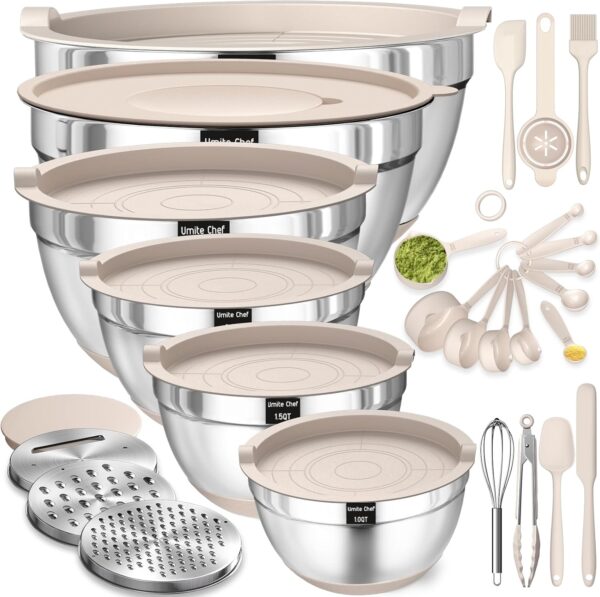 6-Piece Stainless Steel Mixing Bowl Set with Airtight Lids – Khaki Color, Includes Grater Attachments, Non-Slip Bases & Kitchen Gadgets – Bowl Sizes: 7, 4, 2.5, 2.0, 1.5, 1 Quart – Ideal for Mixing, Prep & Serving