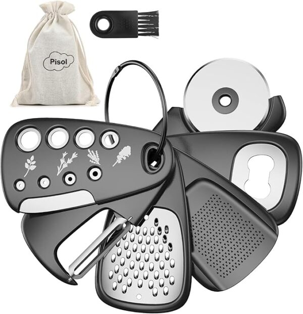 “Pisol 6‑Piece Kitchen Gadget Set – Space‑Saving Cheese Grater, Bottle Opener, Fruit/Vegetable Peeler, Pizza Cutter, Garlic & Ginger Grinder, and Herb Stripper”