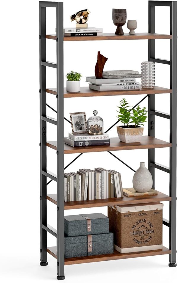 DUMOS 5-Tier Bookshelf – Tall Rustic Brown Bookcase & Display Shelf for Living Room, Home, or Office – Modern Storage Organizer for Books, CDs, and Movies