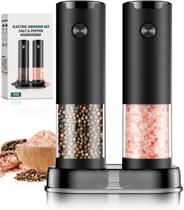 Electric Salt and Pepper Grinder Set – Automatic Battery-Powered Pepper Mill Shakers with Adjustable Coarseness, Easy Refill, Upgraded Large Capacity & LED Light (2-Pack, Black)