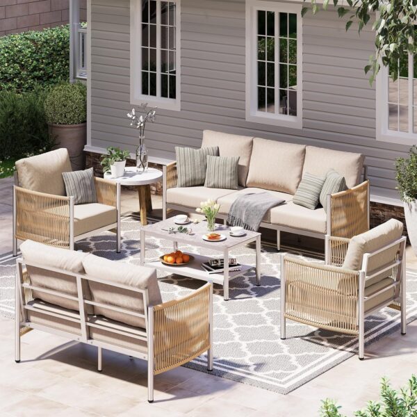 Aluminum Outdoor Patio Furniture Set, HDPE Rope 5 Piece Modern Sectional Conversation Sets with Dual-Layer Coffee Table, All Weather Patio Couch Sofa with Thick Cushions, Gray Frame, Charcoal
