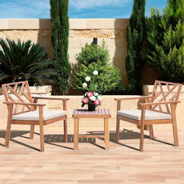 3-Piece Wooden Outdoor Patio Furniture Set – Acacia Wood Conversation Set with Cushioned Chairs & Coffee Table for Porch, Balcony, Deck, or Backyard
